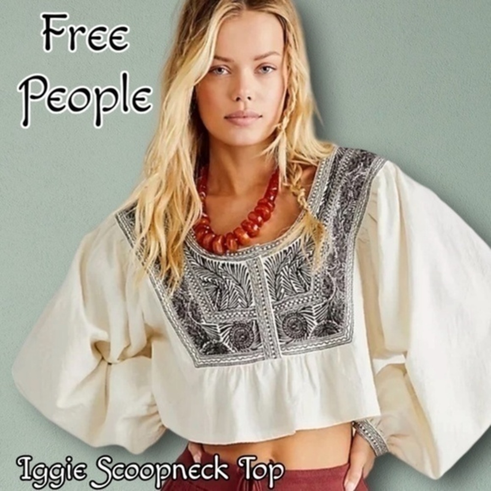 NWT FREE PEOPLE Iggie Embroidered Scoop Neck Long Sleeve Cotton Crop Top/Md